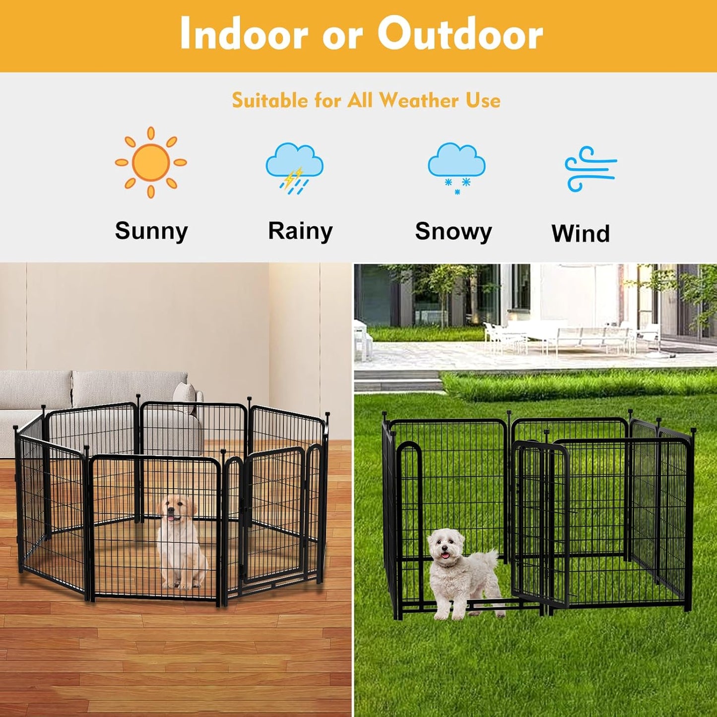 Dog Playpen 48 inch(H) 8 Panels Total 17.7 Ft(L) Dog Fence Outdoor for Yard. Wide Door Low Threshold，Metal Dog Pen Heavy Duty Pet Puppy Exercise Pen for Rv Camping Garden Yard