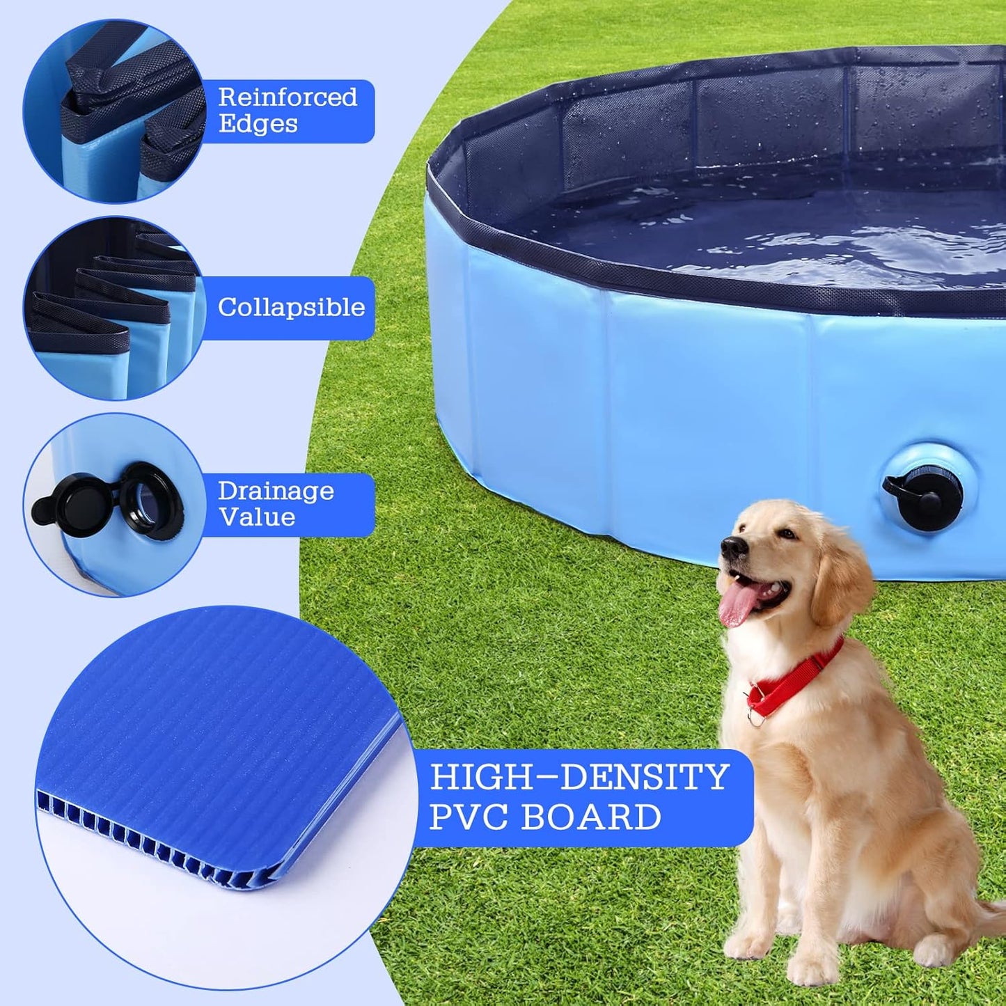 Foldable Dog Bath Swimming Pool Plastic Kiddie Pool Professional Tub Collapsible Grooming Bathtub for Pets Kids Baby and Toddler, 87 x 12 Inches Blue