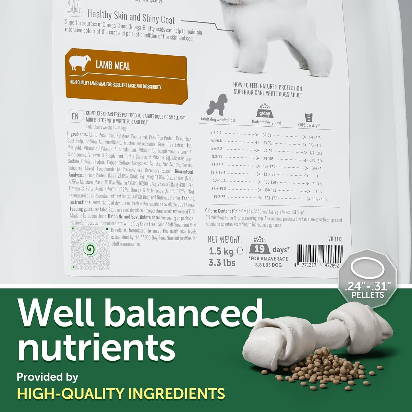 Nature's Protection Grain Free Dry Dog Food for Small Breed - High Protein Tear Stain Diet for Adult Dogs with Light Fur - Small Bites Kibble (Superior Care - Lamb, 3.3 lb)