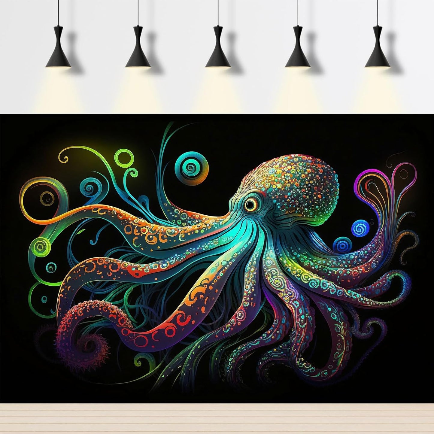 Octopus Aquarium Background Exquisite Colorful Octopus Terrarium Background Glowing Octopus on Black Background Fish Tank Backdrop Octopus Backdrops Poster Wallpaper Decorations Vinyl 72x16in