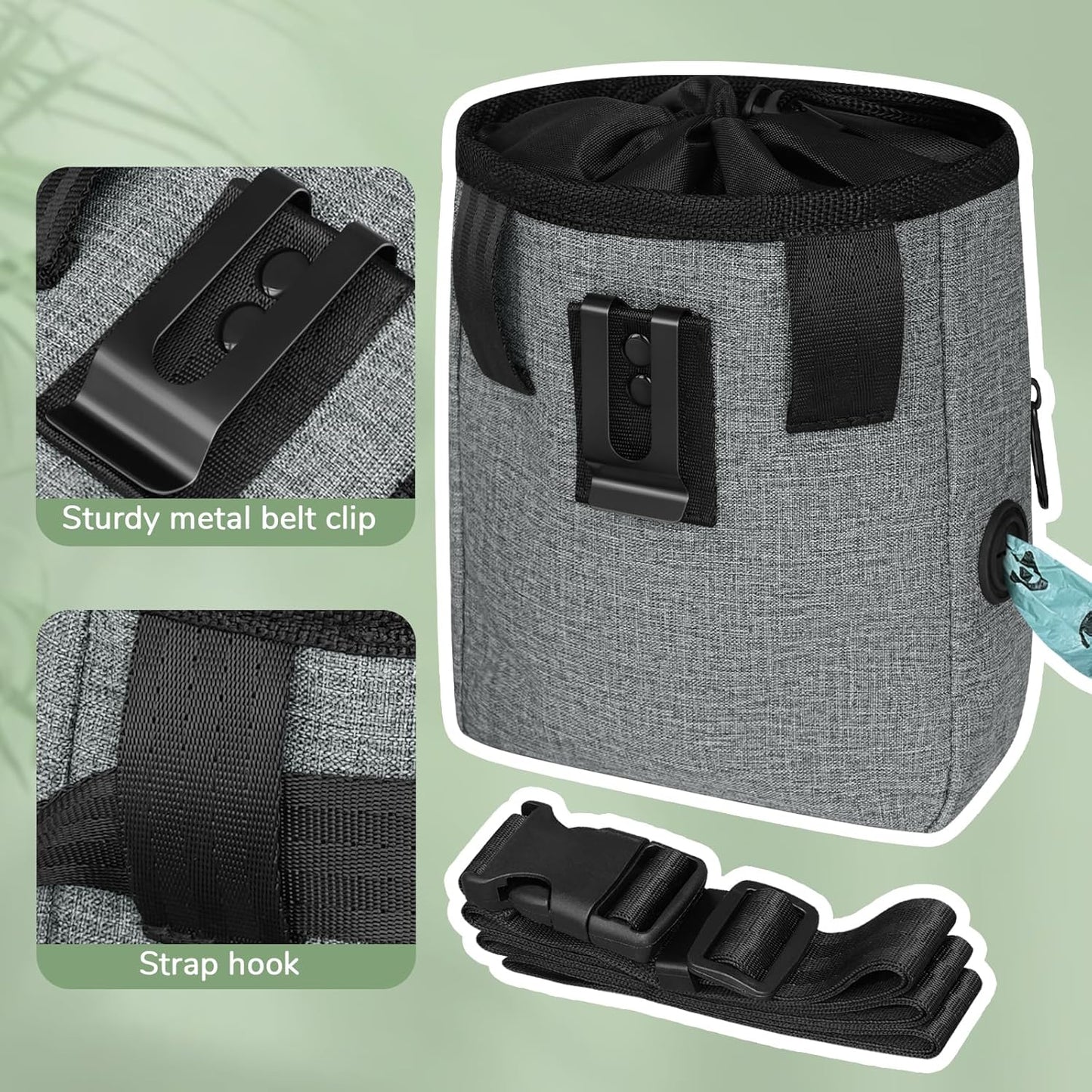 Upgraded large-sized Dog Treat Pouch with waist clip - Fashionable Green&Grey Design - Large Capacity Dog Treat Bag for Dog Walks,Outdoor Activities, Travel and Training - Includes 1 Poop Bags