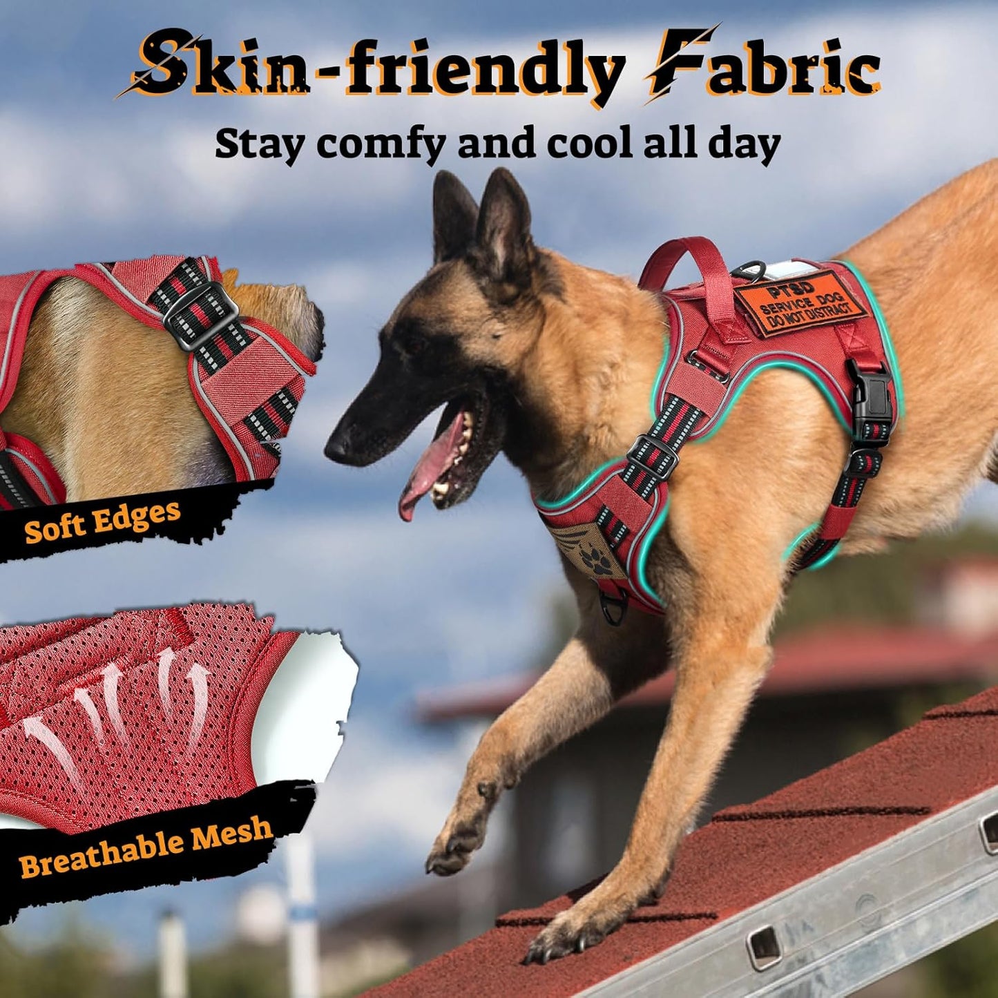 rabbitgoo Dog Harness for Large Dogs No Pull, Tactical Service Pet Vest with Molle and Control Handle, Adjustable and Reflective Military Harness for Easy Walking and Training, Red, XL