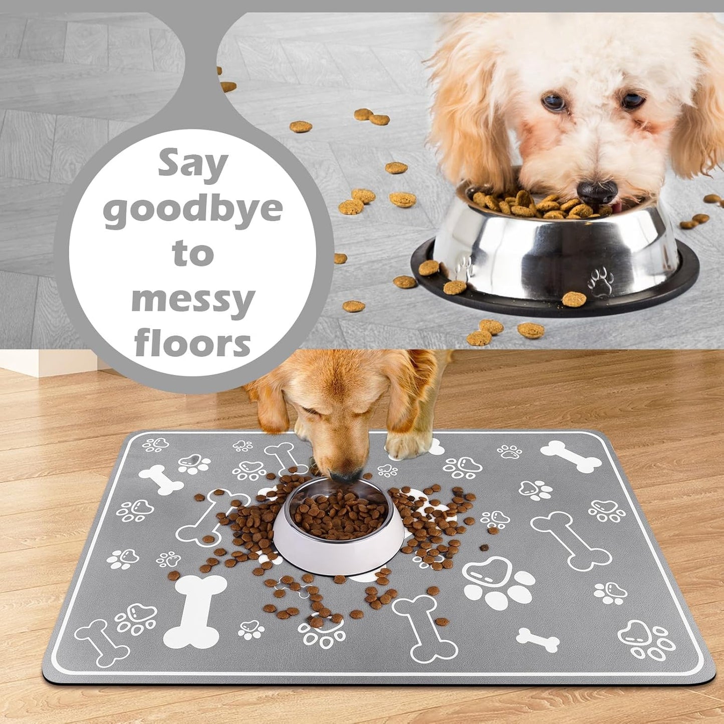 Pet Feeding Mat,Rapid Absorbent Mats for Dog Cat Food, Dog Placemat Water Bowl Mat with Rubber Backing,Messy Drinkers to Protect Floors, Pet Accessories 12"x18" Grey