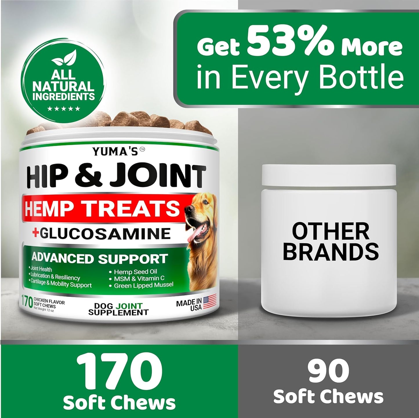 YUMA'S Hemp Hip and Joint Supplement for Dogs - Glucosamine for Dogs - 170 Joint Pain Relief Chews - Chondroitin, MSM - Hemp Oil - Advanced Canine Health Supplement - Mobility Support Treats