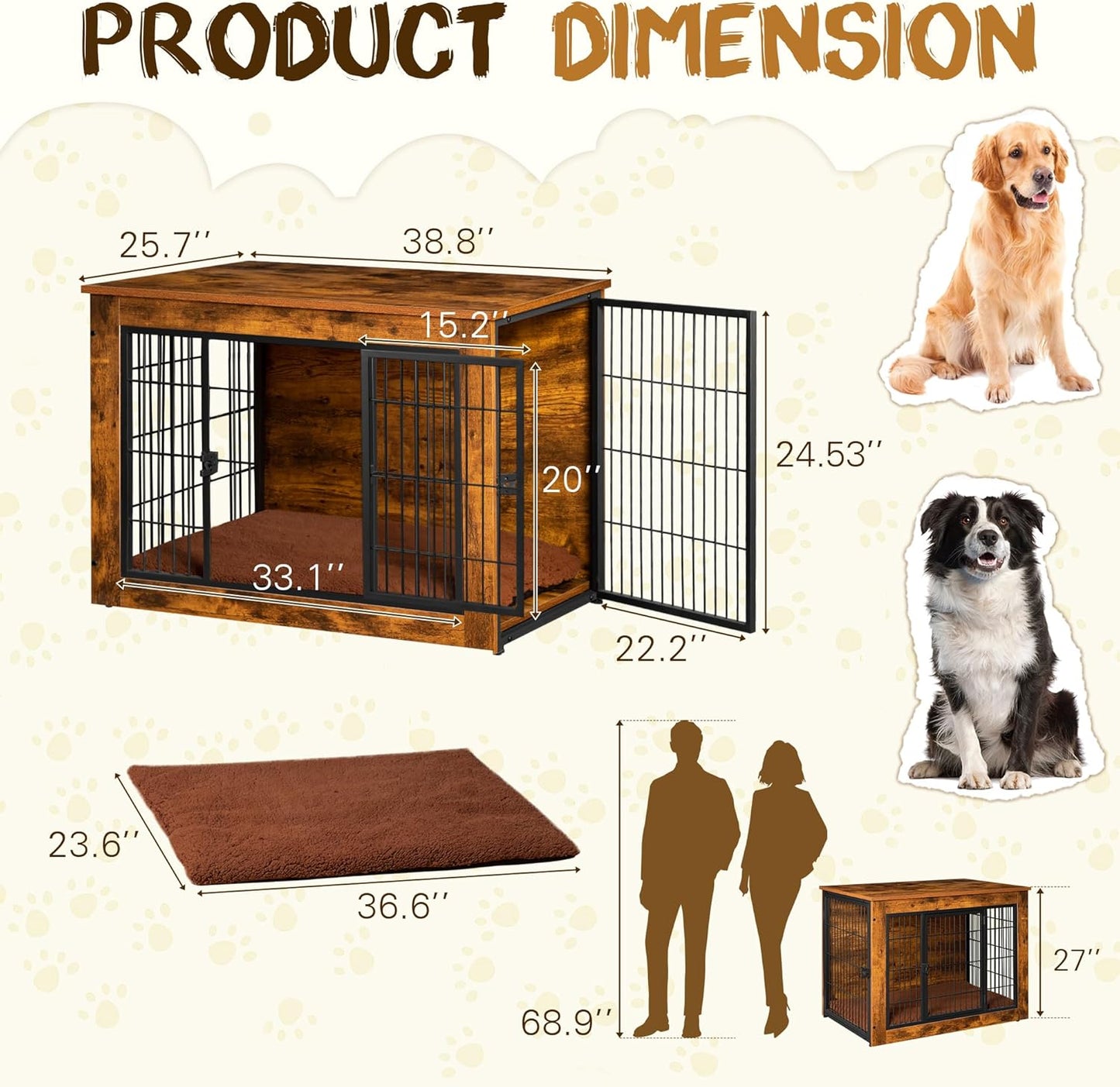 Bigrab Dog Crate Furniture with Thick Cushion, Side End Table Wooden Dog Cage with Double Doors, Chew-Resistant Dog Kennel Dog House Indoor for Small to Large Dog, L