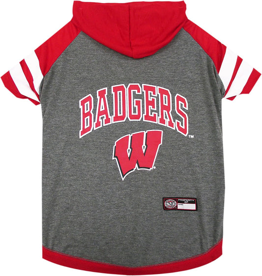 NCAA Wisconsin Badgers Hoodie for Dogs & Cats, Small Collegiate Licensed Dog Hoody Tee Shirt. Sports Hoody T-Shirt for Pets. College Sporty Dog Hoodie Shirt.