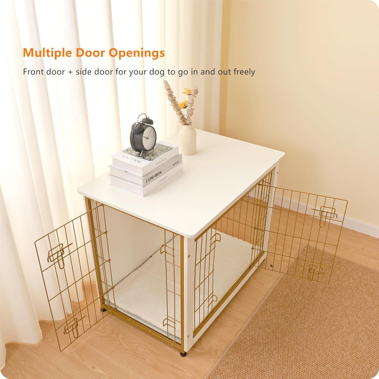 DWANTON Dog Crate Furniture with Cushion, Wooden Kennel Table with Double Doors, Indoor Dog House, Medium Size, 32.5" L, White