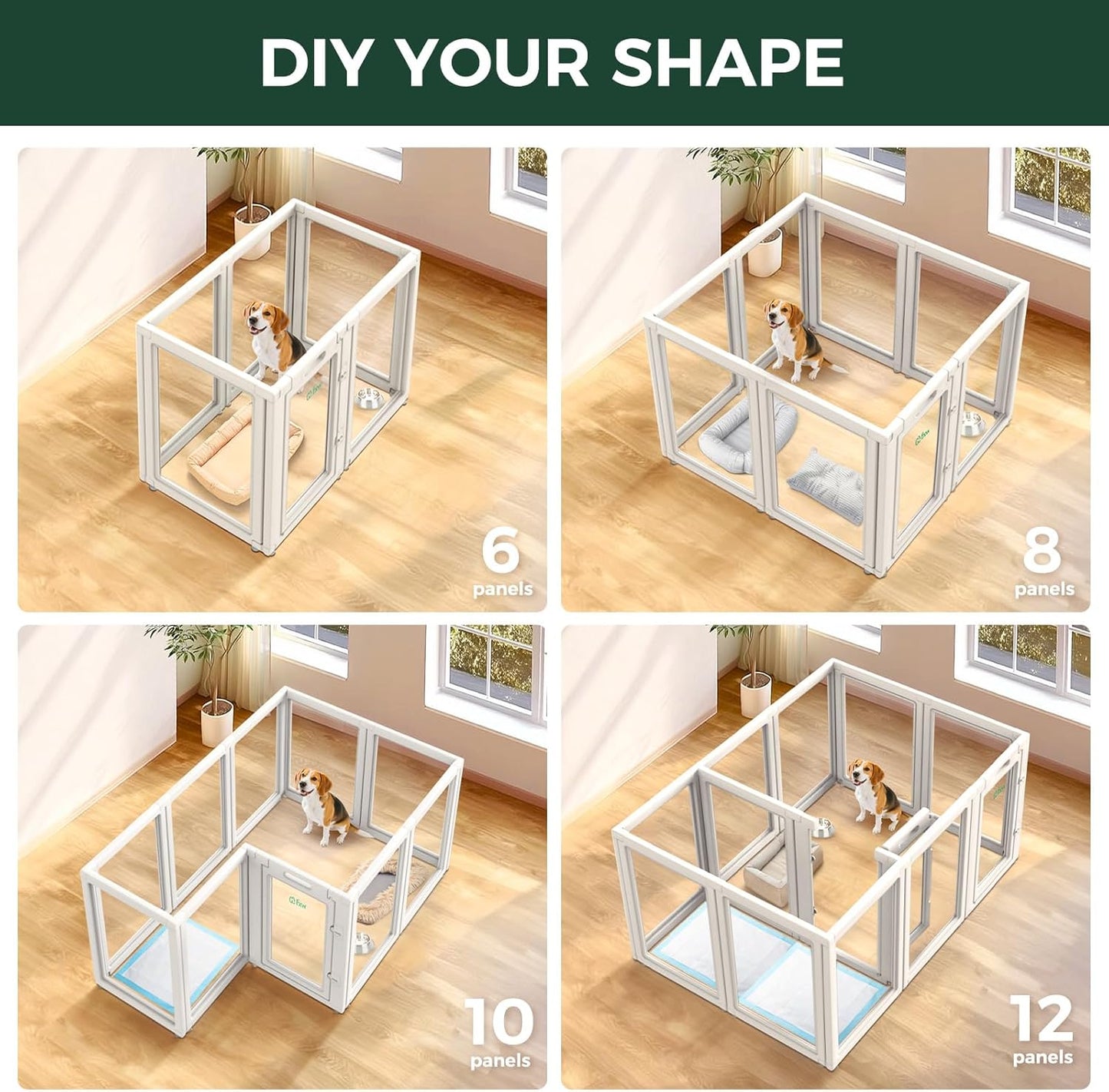 FXW AuraSpace Acrylic Indoor Unleashed Dog Playpen for Medium Dogs, 35 Inch, 10 Panels, White