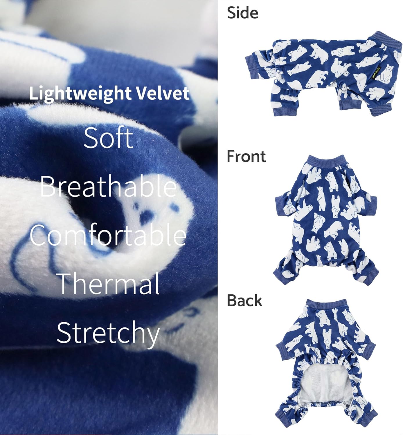 Fitwarm Polar Bear Dog Pajamas, Dog Clothes for Small Dogs Girl Boy, Pet Onesie with Feet, Cat Outfit, Lightweight Velvet, Royal Blue, White, Medium