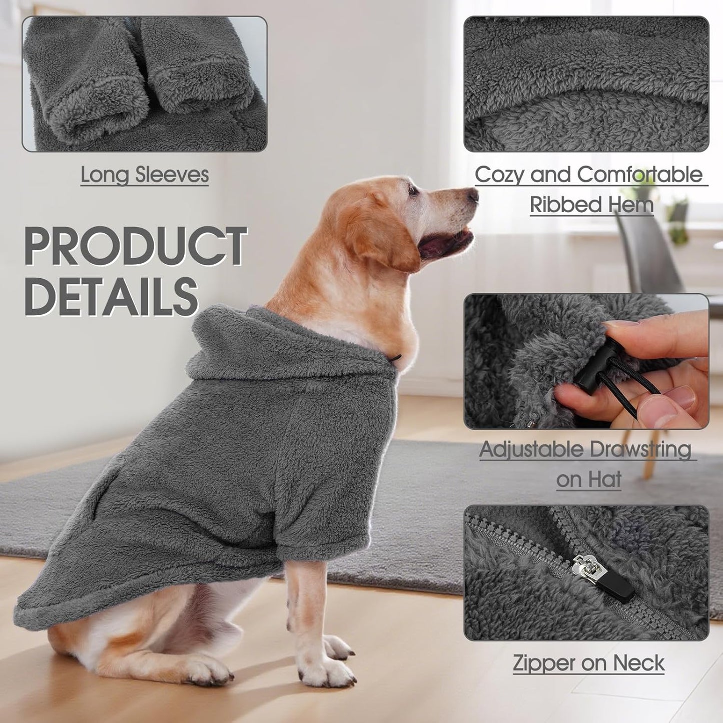 IDOMIK Fuzzy Dog Sweater with Adjustable Hood, Warm Fleece Dog Sweater Hoodie with Harness Hole & Pocket, Pullover Sweaters for Large Dogs, Fuzzy Hooded Sweatshirt for Fall Winter Christmas,Grey,2XL