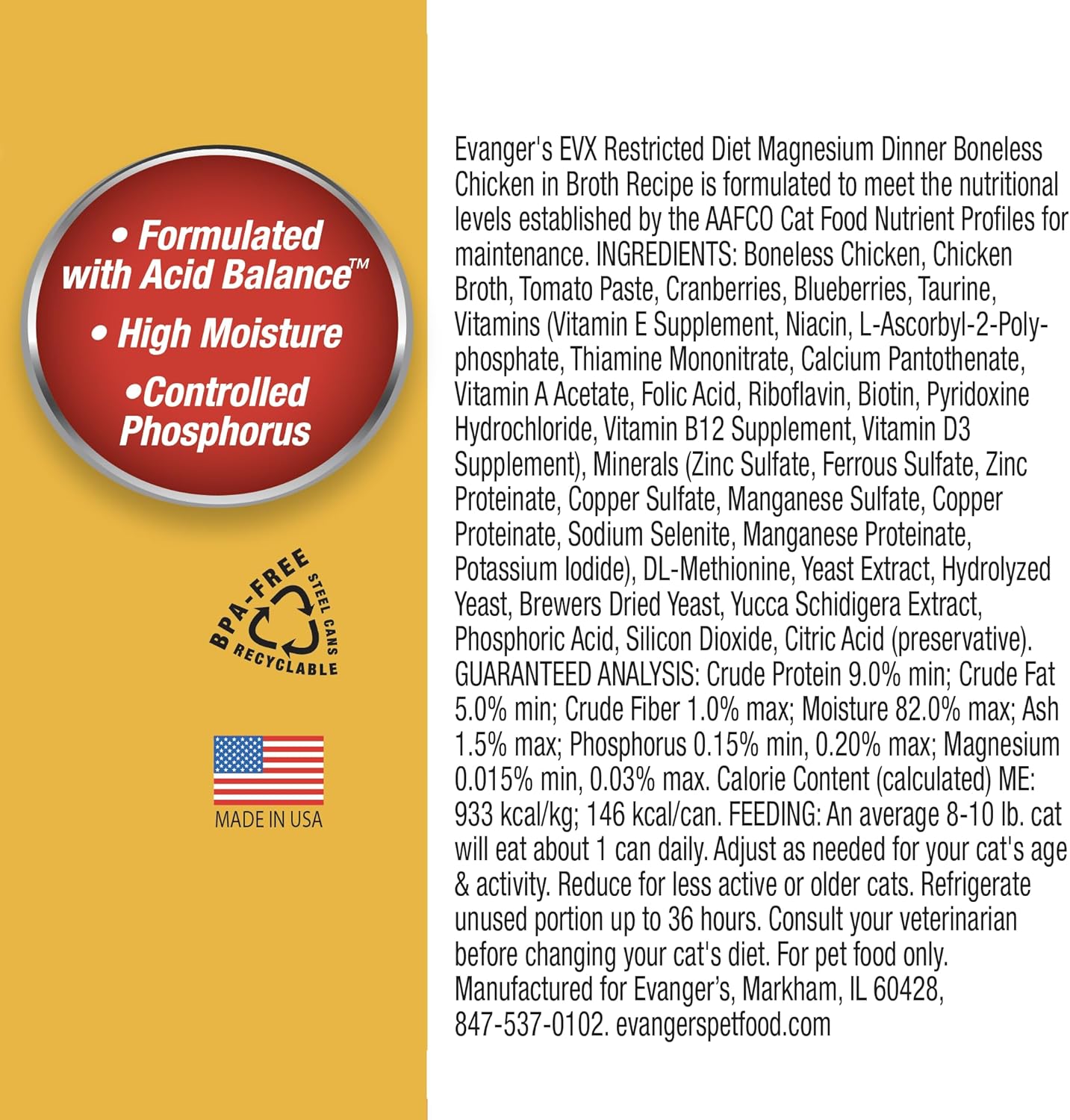 Evanger’s EVX Restricted Diet Magnesium Canned Cat Food – 24 Count, 5.5 oz Cans Each – Boneless Chicken in Broth with Berries – Grain Free, Limited Ingredients, Stew Style