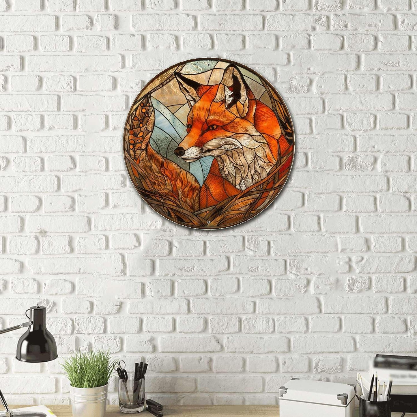 Lygond Metal Sign Tin Sign Circular Stained Glass Fox Minimalist Wall Art for Pub 12×12 Inches