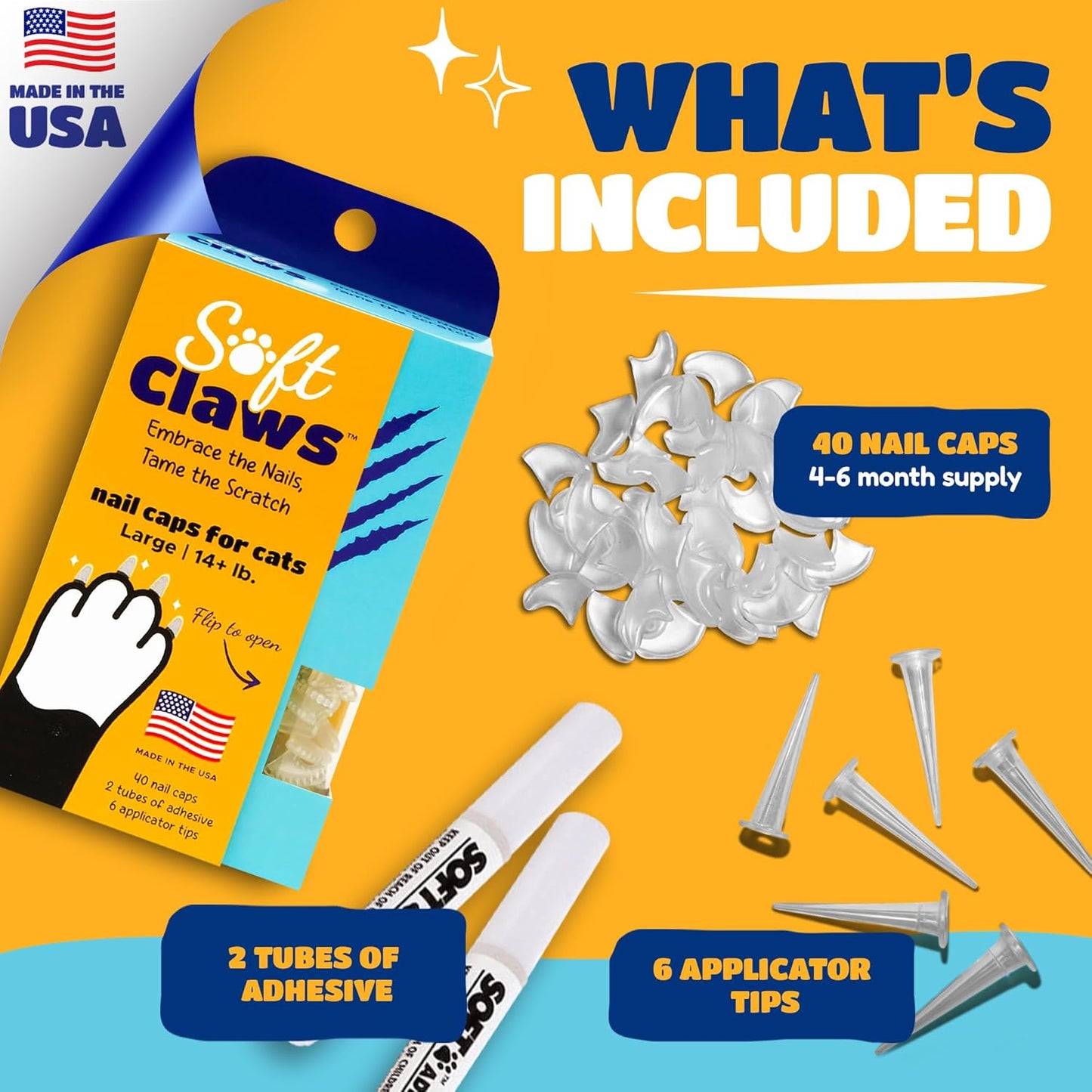 Soft Claws Cat Nail Caps for Large Cats – (40 Caps, Pink) - Made in USA - Veterinarian-Developed, Non-Toxic | Protects Furniture & Skin - Easy to Apply, Long-Lasting Anti-Scratch Soft Cat Claw Covers