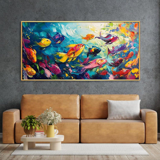 School of Fish Printed Canvas Wall Art – Framed Abstract Ocean Print – Vibrant Fish Wall Decor for Living Room, Bedroom, Office (Gold Framed, 31"x15"|80x40cm)