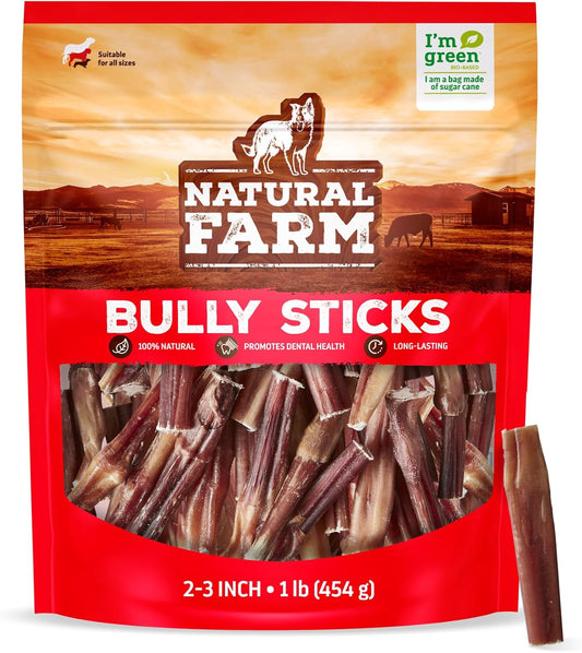 Natural Farm Odor Free Bully Sticks (2-3 Inch, 1 Pound) for Small & Medium Dogs - 100% Beef Chews for Pups, Non-GMO, Grain-Free, Fully Digestible Long Lasting Dog Treats