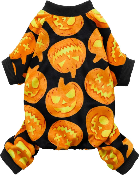 Fitwarm Halloween Pumpkin Dog Pajamas, Funny Dog Winter Clothes for Small Dogs Girl Boy, Pet Jumpsuit, Cat Halloween Costumes with Feet, Lightweight Velvet, Black, Orange, Medium