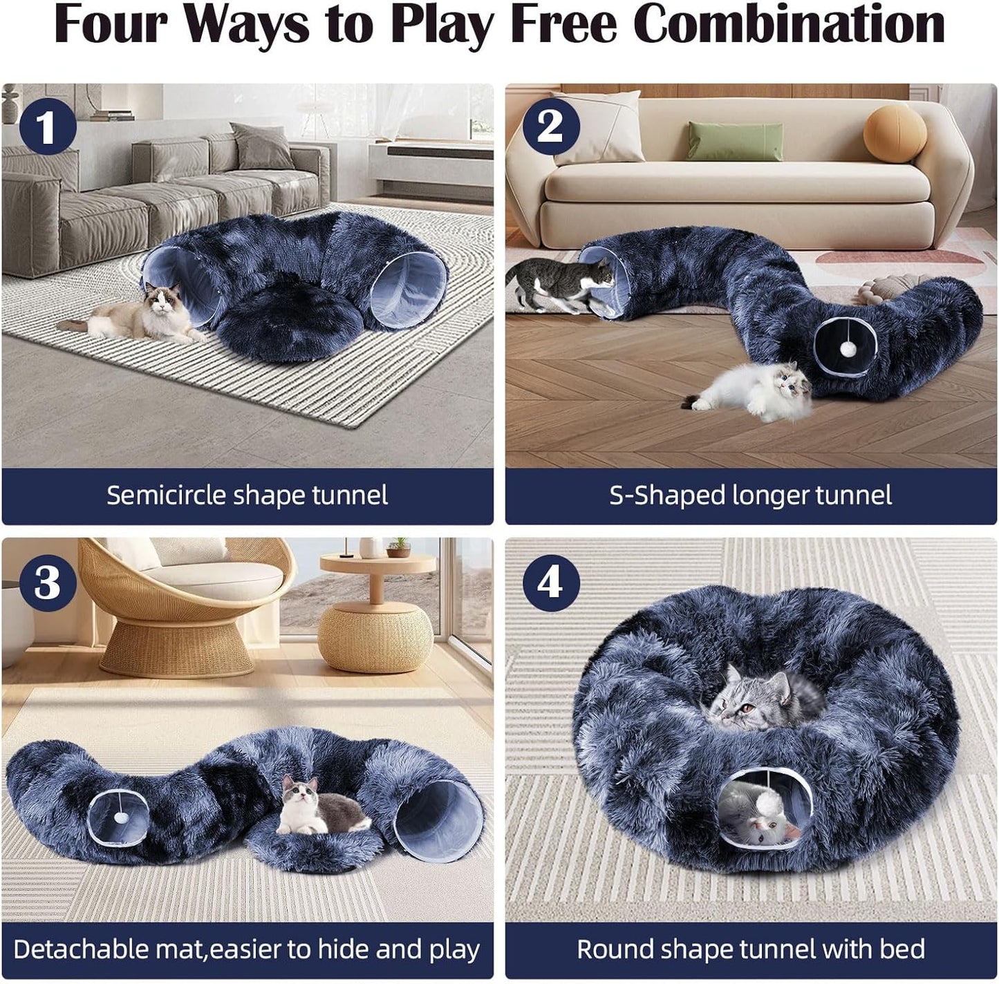 Odoland Cat Tunnels for Indoor Cats with Fluffy Plush Central Cat Couch and 20 Cat Toys, Tunnel Bed for Cats with Hanging Ball, Detachable Soft Mat and Variety Kitty Toy Set, Deep Blue