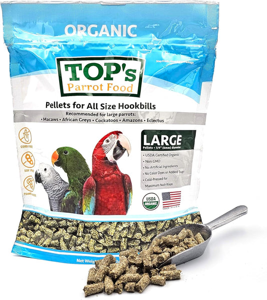 TOP's Parrot Food Pellets Hookbills, Small, Medium, Large Birds - Non-GMO, Peanut Soy & Corn Free, USDA Organic Certified - 1 lb / 453 g
