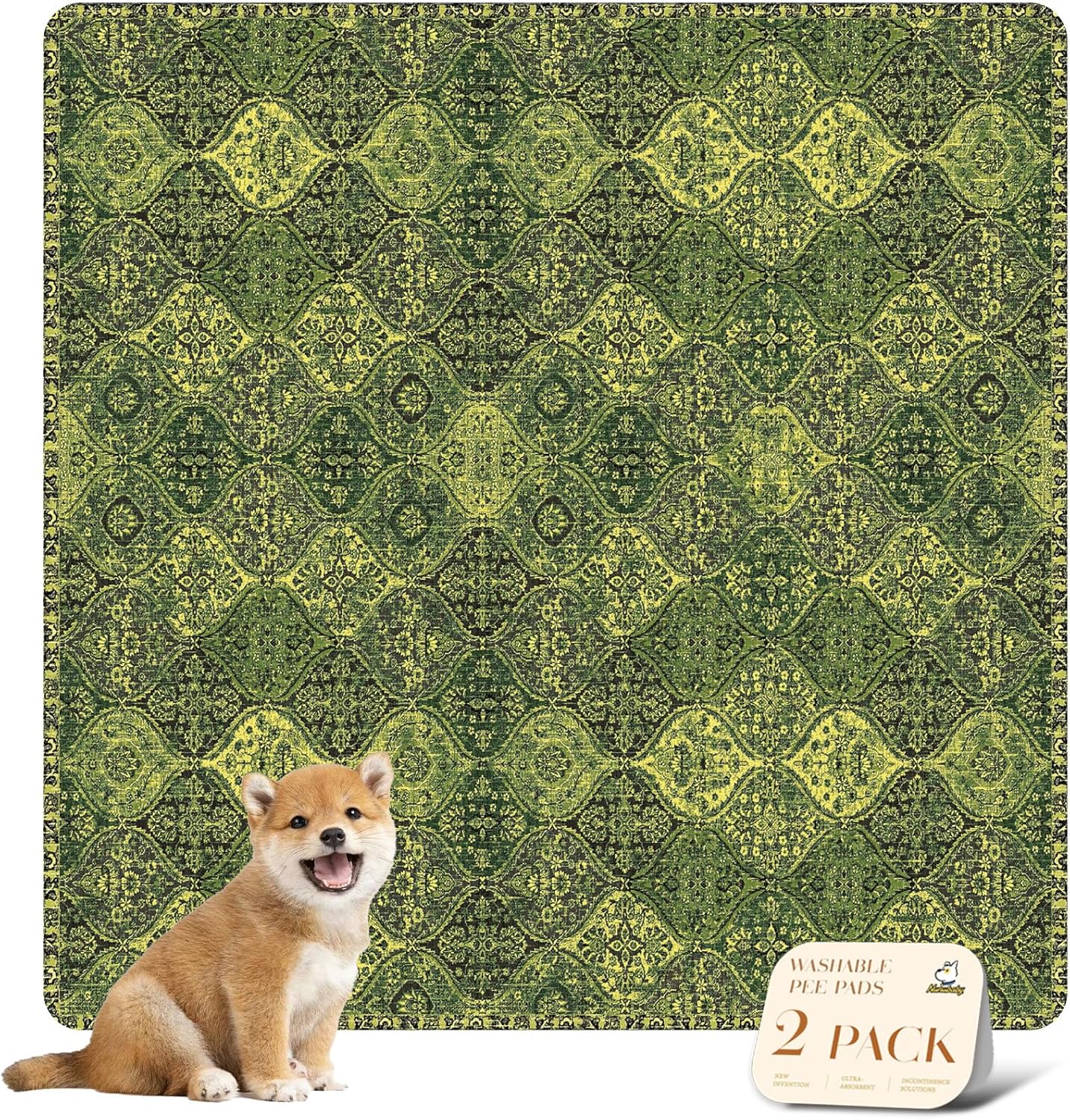 nunubaby Washable Pee Pads for Dogs, Stylish, Non-Slip and Leak-Proof Pee Pads. Reusable Potty Pads for Dogs for Crates and Floors.(Green/Multi, 36" x36")