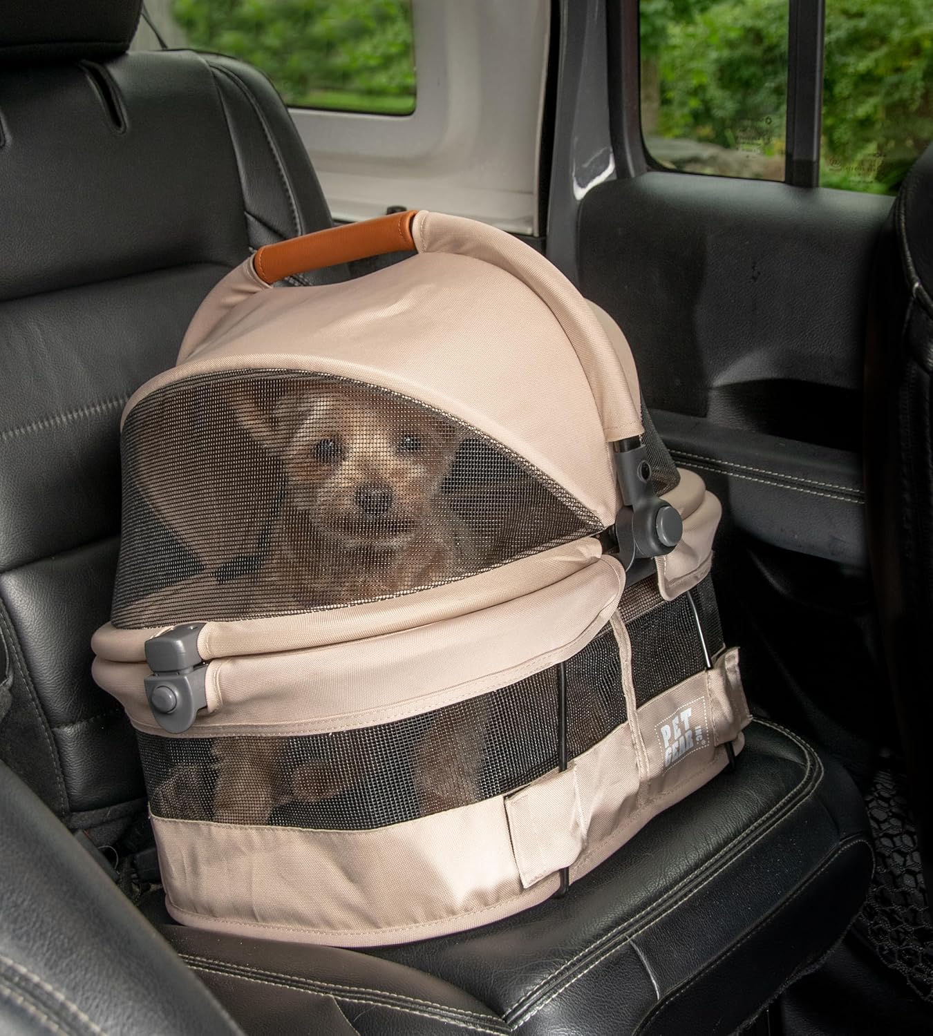 Pet Gear No-Zip View 360 Ultra Lite Pet Safety Carrier & Car Seat for Small Dogs & Cats Push Button Entry, 15", Sand,View 360 Ultra Light 15-inch,Sand