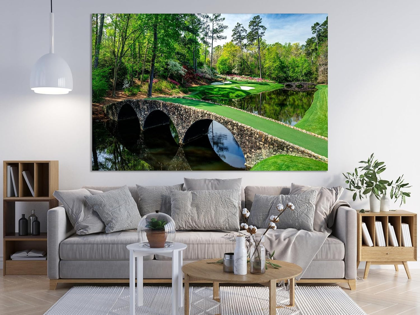 Nature Wall Art Prints - Ocean Forest Mountain Lake Canvas Landscapes - Small to Extra Large Living Room Bedroom Kitchen Bathroom Décor (Golf Course with Stone Bridge, 35L" x 53W")