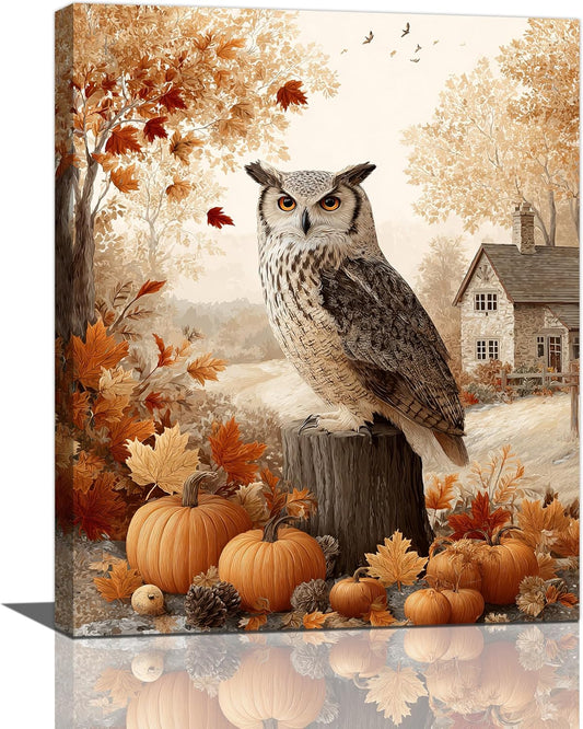 Fall Owl Wall Art Autumn Pumpkin Leaves Wall Decor Rustic Canvas Print Farmhouse Pictures Painting Print Framed Artwork Decorations Gifts for Living Room Bathroom Bedroom Office 16"x20"