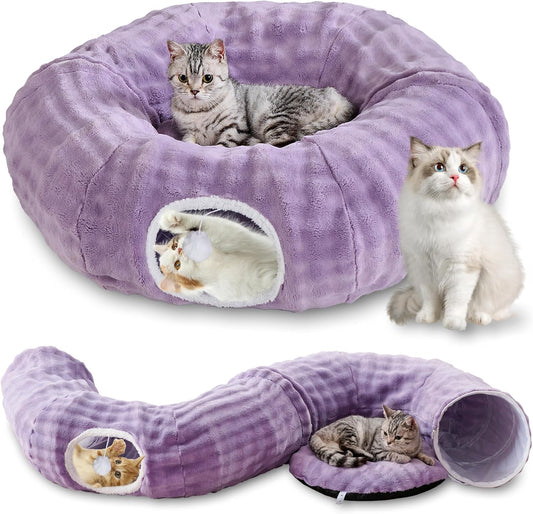 Bubble Cat Tunnel for Indoor Cats, Round Peekaboo Cave Toy with Dangling Balls, Donut Tunnel Bed with Circle Mat for Puppy Kitten Rabbit, Dusty Purple