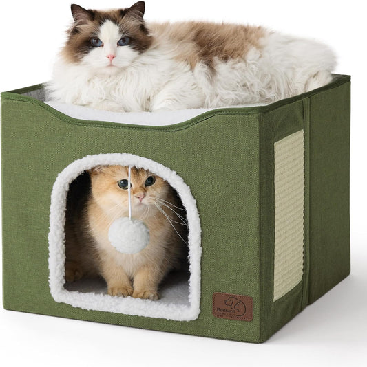 Bedsure Cat Beds for Indoor Cats - Large Cat Cave for Pet Cat House with Fluffy Ball Hanging and Scratch Pad, Foldable Cat Hideaway, 16.5x16.5x13 inches, Loden Green