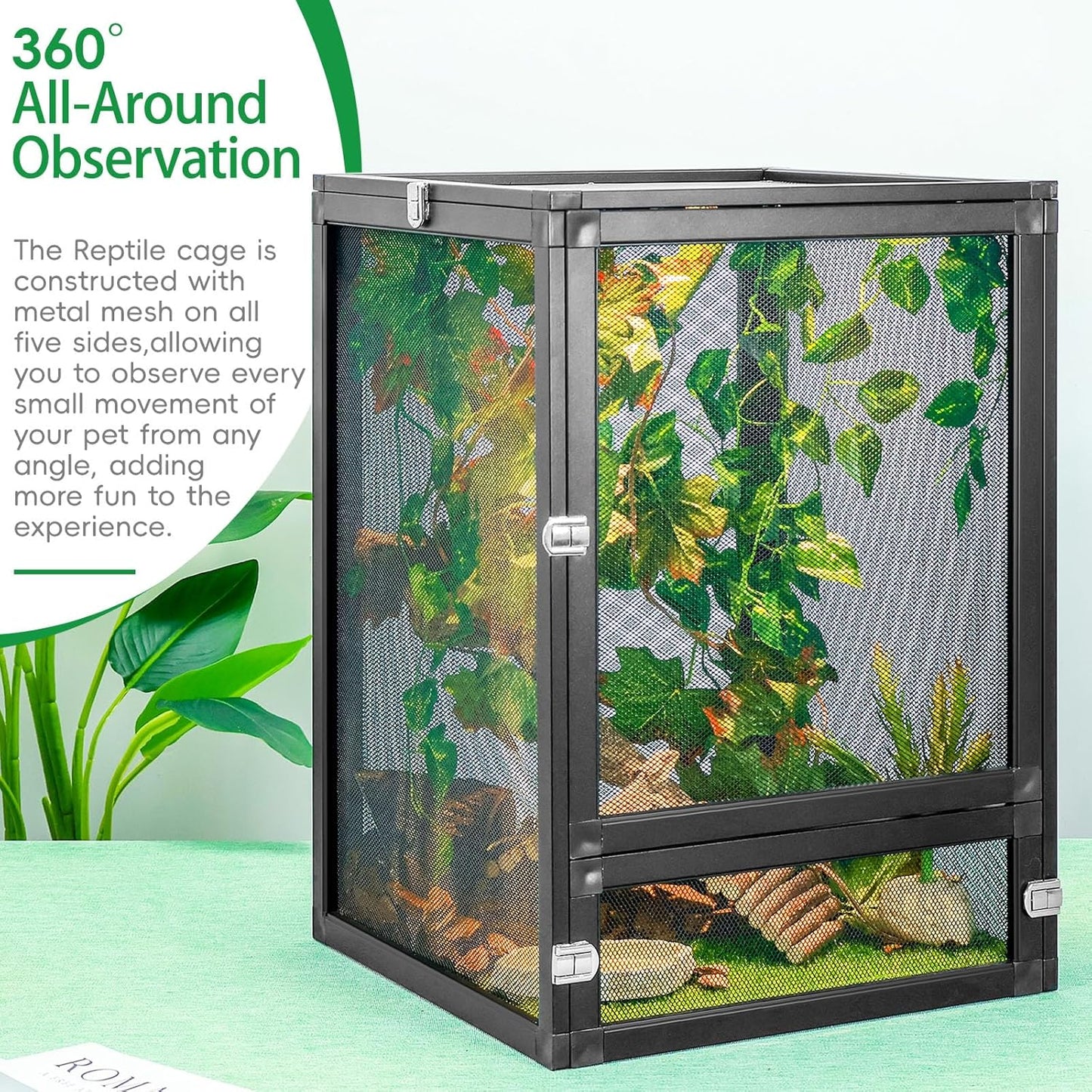 13 Gal Detachable and Foldable Reptile Butterfly Cage Terrarium, 360° Observation, Airflow, Interaction in Gecko Tank for Crested Geckos, Leopard Geckos, Chameleons, Bearded Dragons
