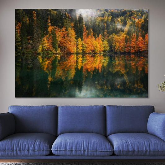 Nature Wall Art Prints - Ocean Forest Mountain Lake Canvas Landscapes - Small to Extra Large Living Room Bedroom Kitchen Bathroom Décor (Autumn by the Lake, 16L" x 24W")