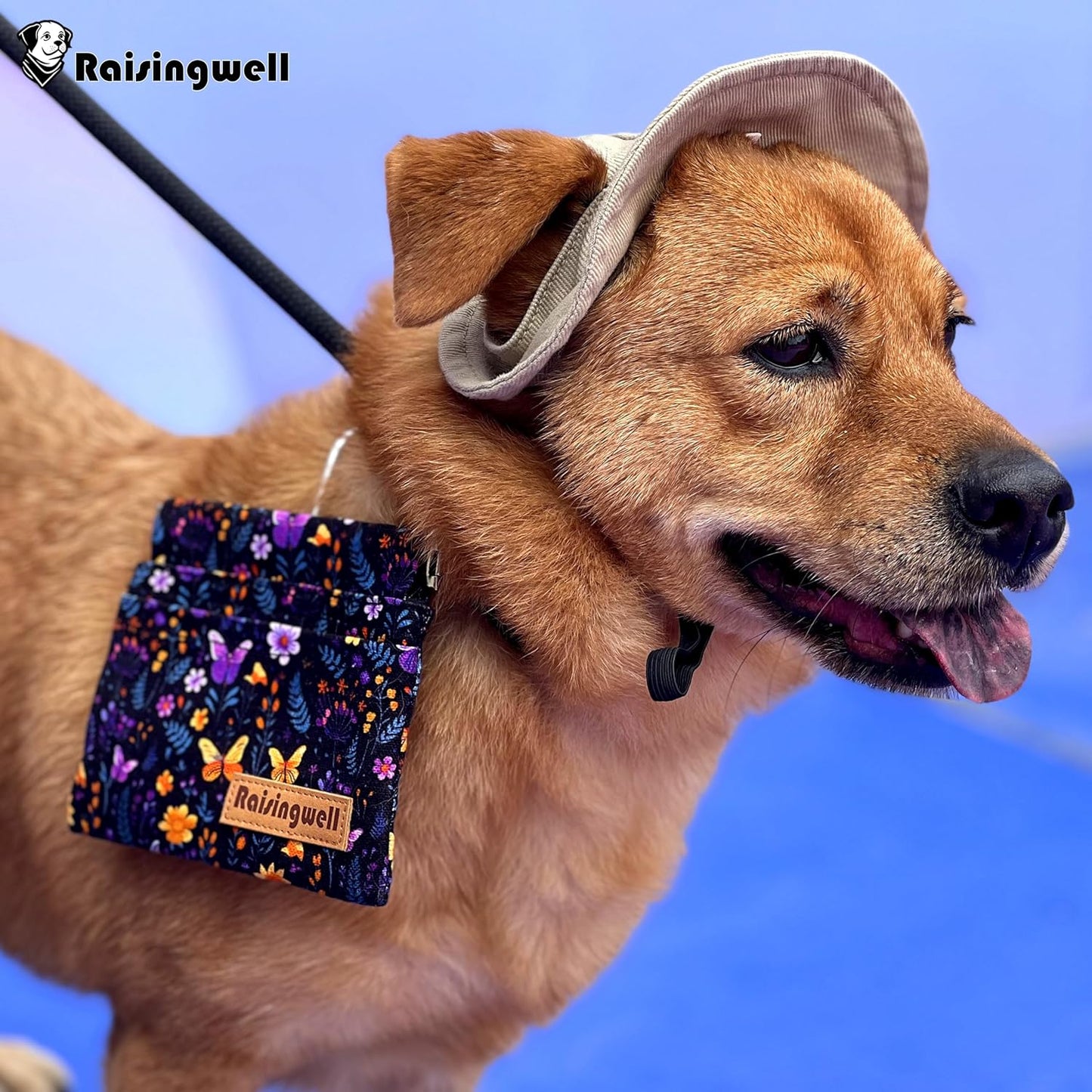 Dog Treat Pouch, Pocket Sized Pet Training Pouch, Cotton Fabric, Hand Free Purple Flower Dog Walking Bag with Carabiner, Self-Closing Pet Feed Snack Reward, for Puppy Travel or Outdoor Use