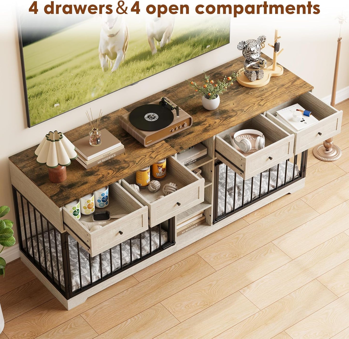GarveeHome 82" Double Dog Crate Furniture, Large Dog Kennel Indoor for 2 Dogs, Heavy Duty Wooden Dog Crate TV Stand with 4 Drawers and Shelves, Washed White