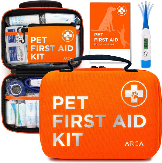 Cat & Dog First Aid Kit for Car - Pet Emergency Kit for Home Office Travel – Dog Camping Essentials with Digital Thermometer, Muzzle & Mini First Aid Pouch