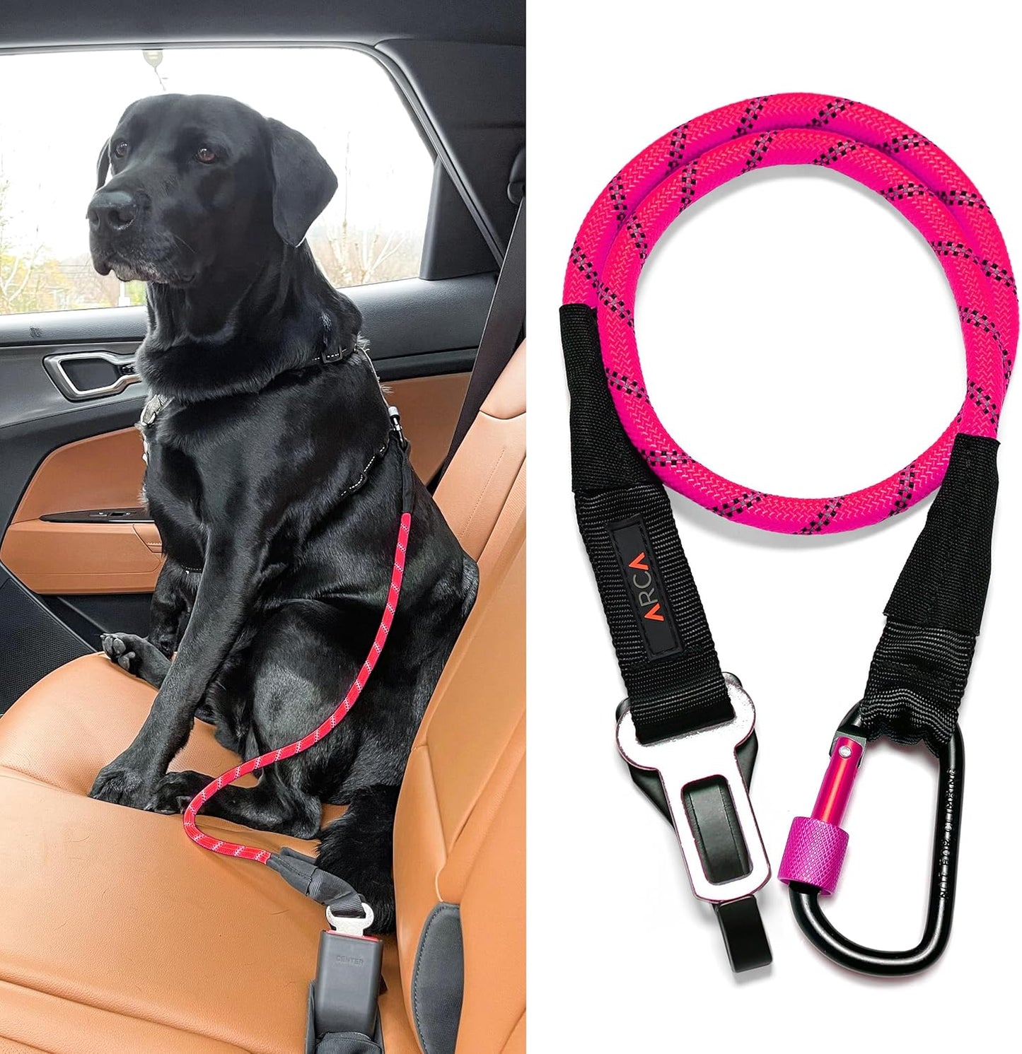 Dog Seat Belt for Car | Universal Dog Car Seatbelt | Durable Reflective Rope with Clip Hook Latch, Buckle and Carabiner- Safe and Secure Pet Safety Restraint (Pink)