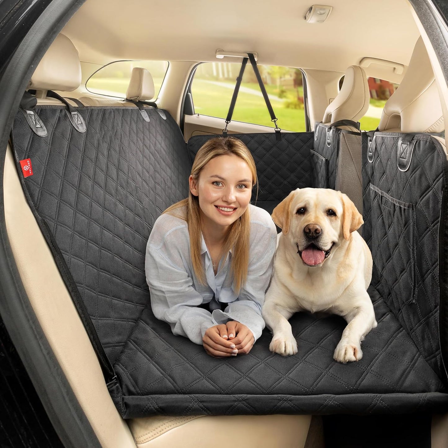 Helteko Back Seat Extender for Dogs, Premium Car Seat Cover with Hard Bottom Plates, Waterproof Backseat Protector, Mesh Window and 2 Storage Pockets, Hammock Travel Bed for Crew Cab and Full Trucks