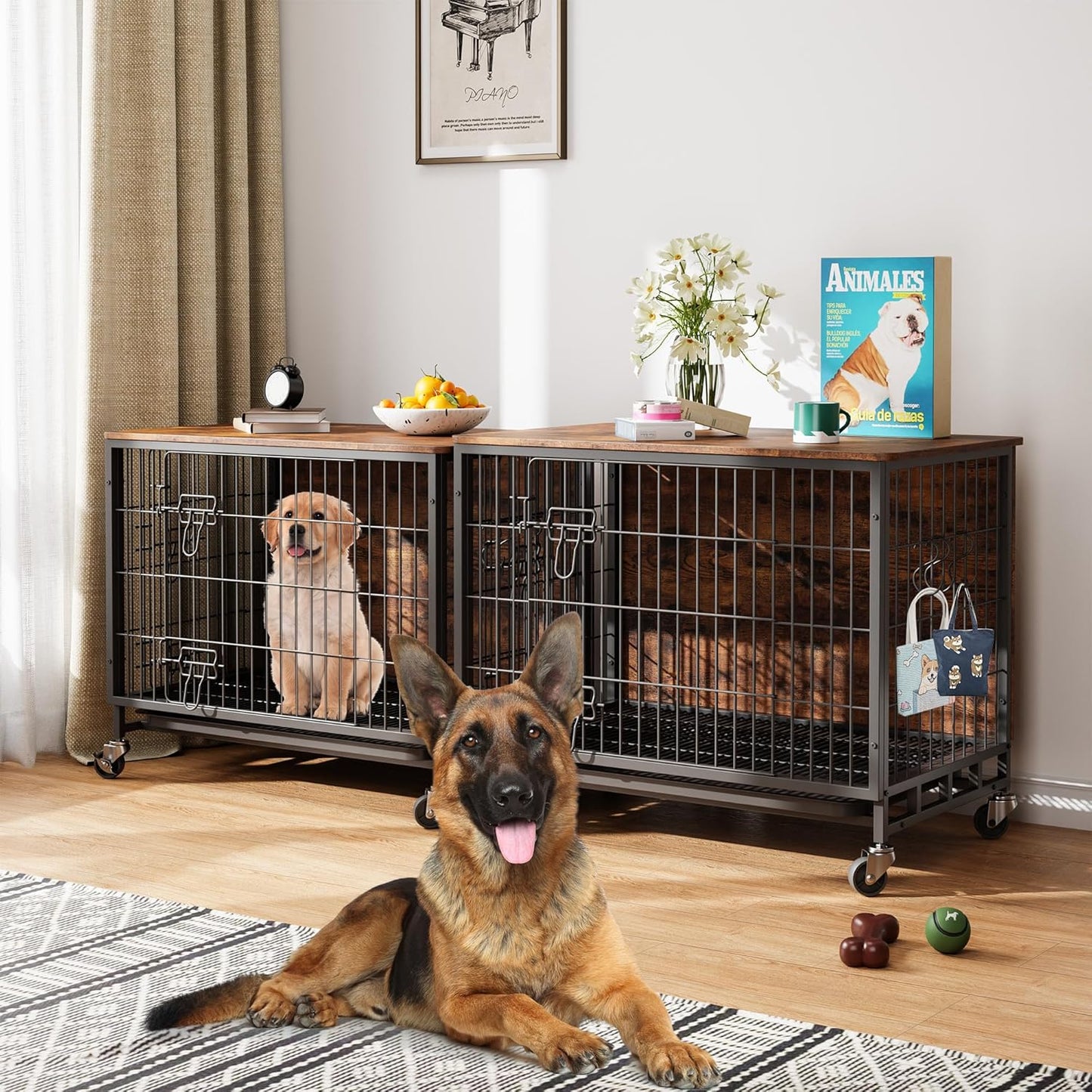 Dog Crate Furniture, 27.2" Small Dog Kennel Wooden Dog Crate with Pull-Out Tray, Double Doors, Modern End Table for Small/Medium Dogs, Grey