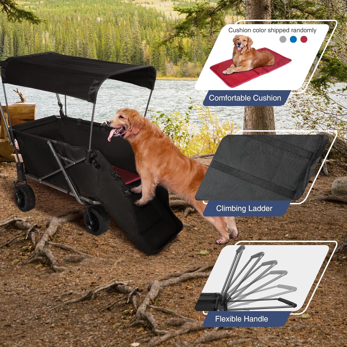 REDCAMP Folding Dog Wagon Cart with Removable Canopy Heavy Duty, 220L Large Collapsible Utility Cart Dog Stroller with Tailgate for Sports Shopping Pet, Black