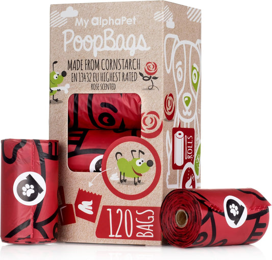 Compostable Dog Poop Bags, Cornstarch Eco-Friendly, HOME COMPOST NF T 51-800, 120 Count, Large Size Bag 9x13 Inches, 8 Unscented Refill Rolls, Leak-proof, Plantbased, GM-Free Corn (Red)