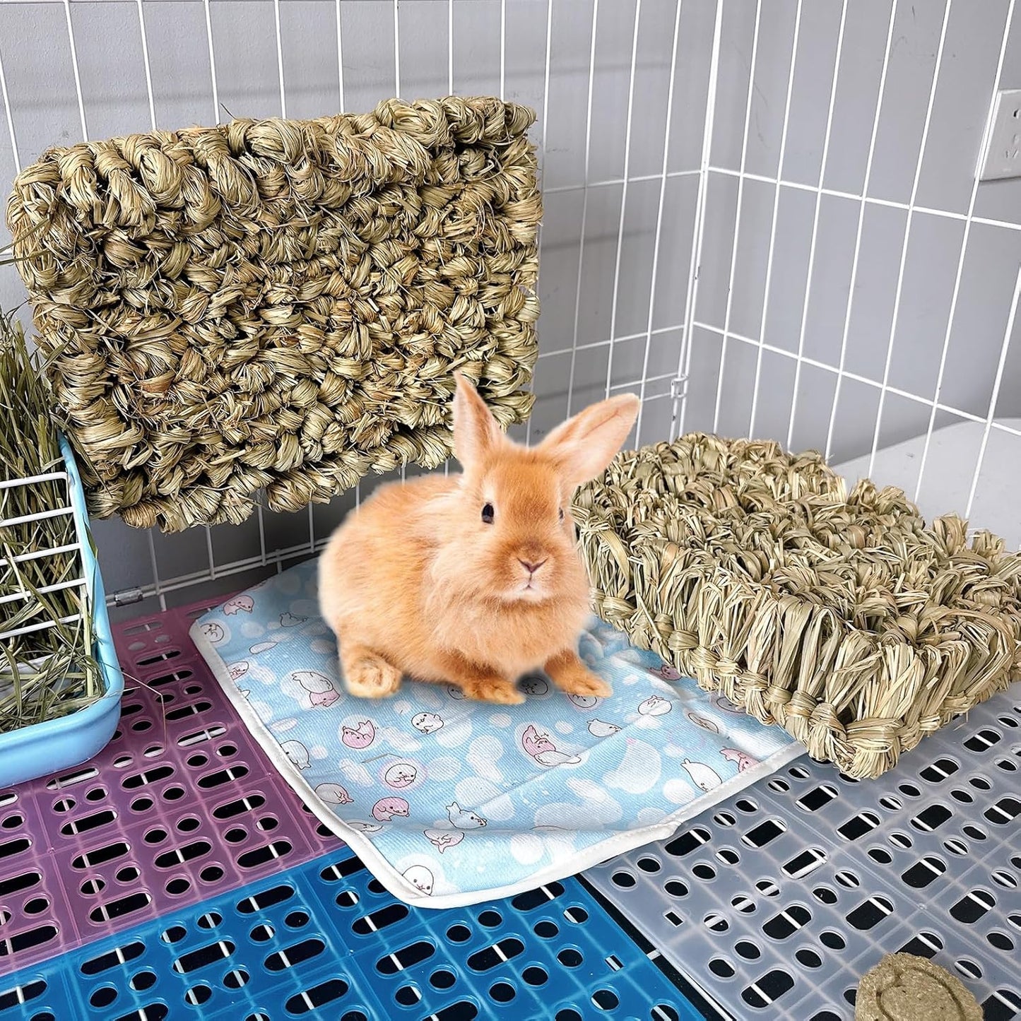 Hamiledyi Rabbit Grass Bed 2PCS Guinea Pig Hay Mat Bunny Natural Straw Woven Bed Rabbit Handmade Bedding Sleeping Grinding Nesting and Chewing Toy for Rabbit Guinea Pig Chinchilla Hedgehog Hamster