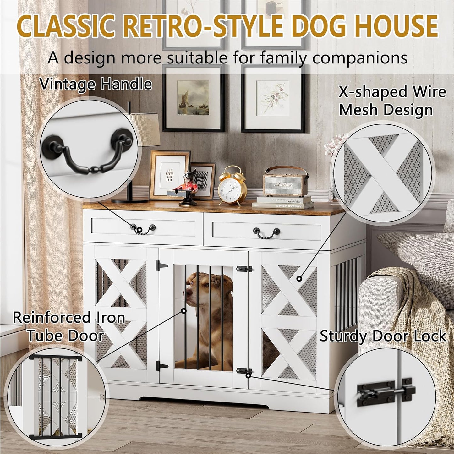 Large Dog Crate Furniture - Dog Kennel with Drawers Storage and Locks, 2-in-1 Crates for Dogs Indoor, Heavy Duty Dog Crate for One Large or 2 Small Dogs