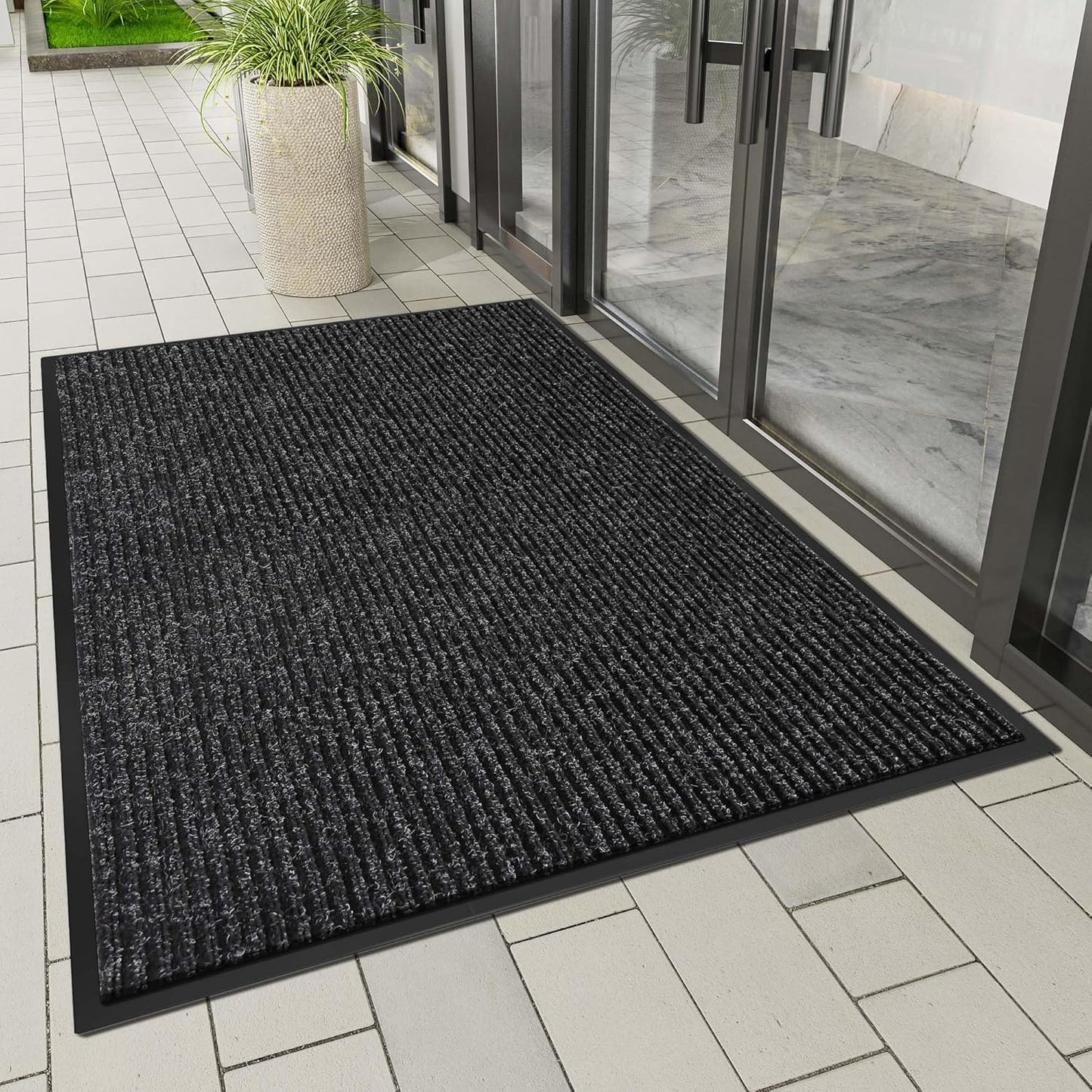 Indoor Outdoor Door Mat, 5' x 3' Doormat for Entryway, Rubber Backing Non Slip Front Door Mat Outside Entrance, Super Absorbent Commercial Floor Mat for Home Office, Black