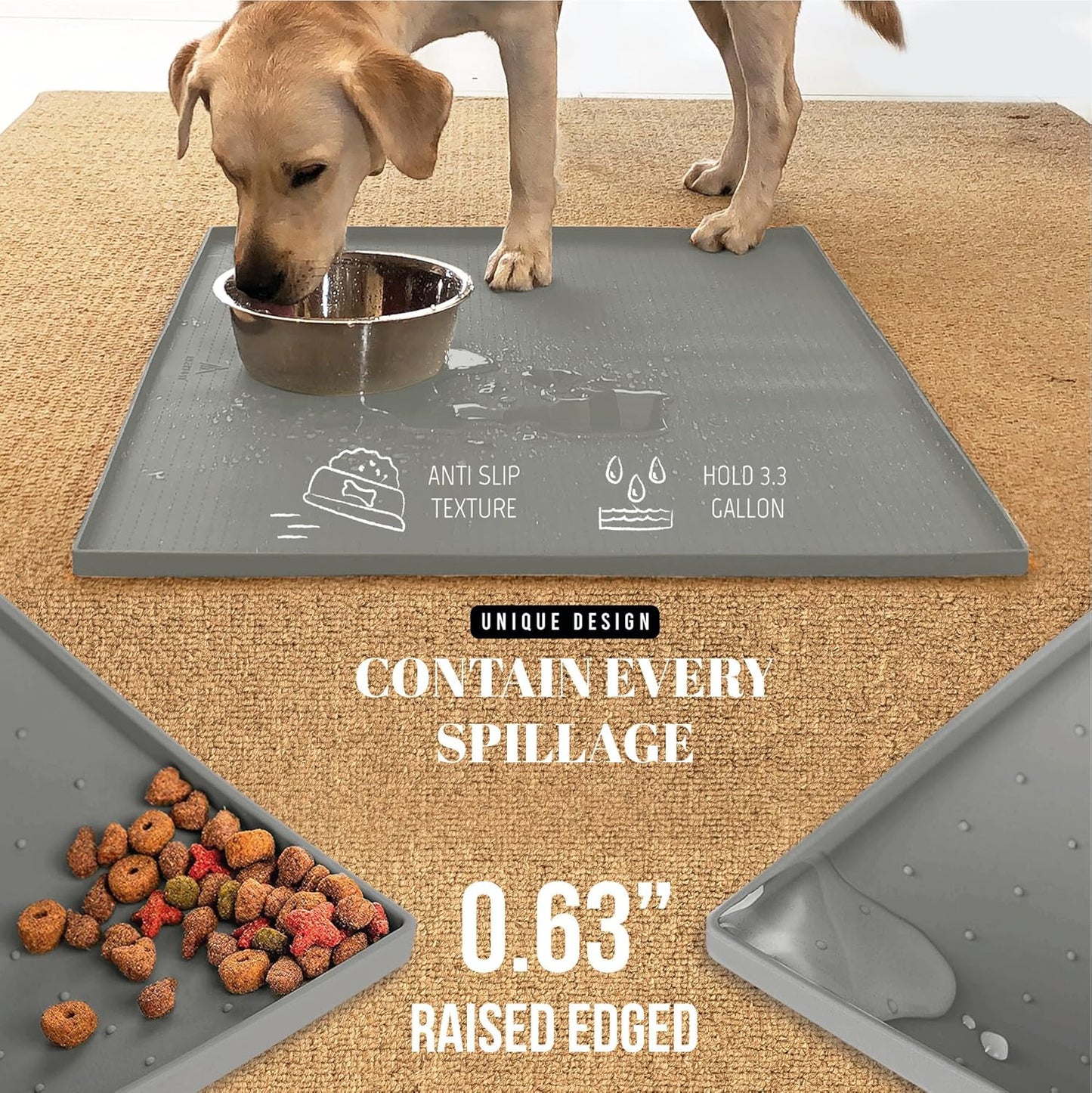 AVERYDAY 32x24'' Silicone Dog Mat for Food and Water, 0.63'' Edge Dog Food Bowl Mats for Floor Waterproof, Dogs Water Mat for Sloppy Drinker, Non Slip Rubber Pet Feeding Mats for Indoor Dogs and Cats