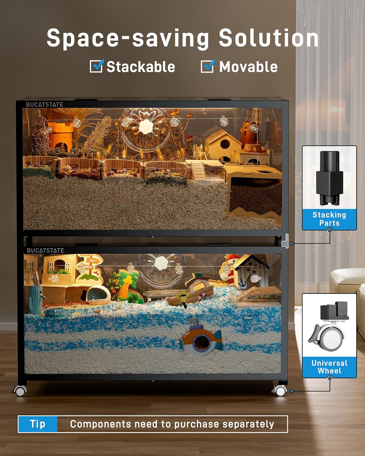 BUCATSTATE Hamster Cage Metal 3.0 - Chewproof Large Rat Cage Stackable with Top Access Easy Assemble 47L x 23.6W x 25.5H Inches Dwarf Syrian Hamster Tank for Gerbil Mouse (7.75 ft², Black)