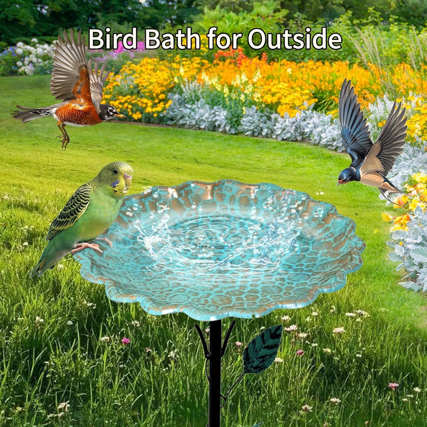 Bird Bath for Outside, Metal Birdbath Freestanding Bird Bath & Birdfeeder with 3-Pronged Base, Using for Outdoors Garden Patio Yard, Green