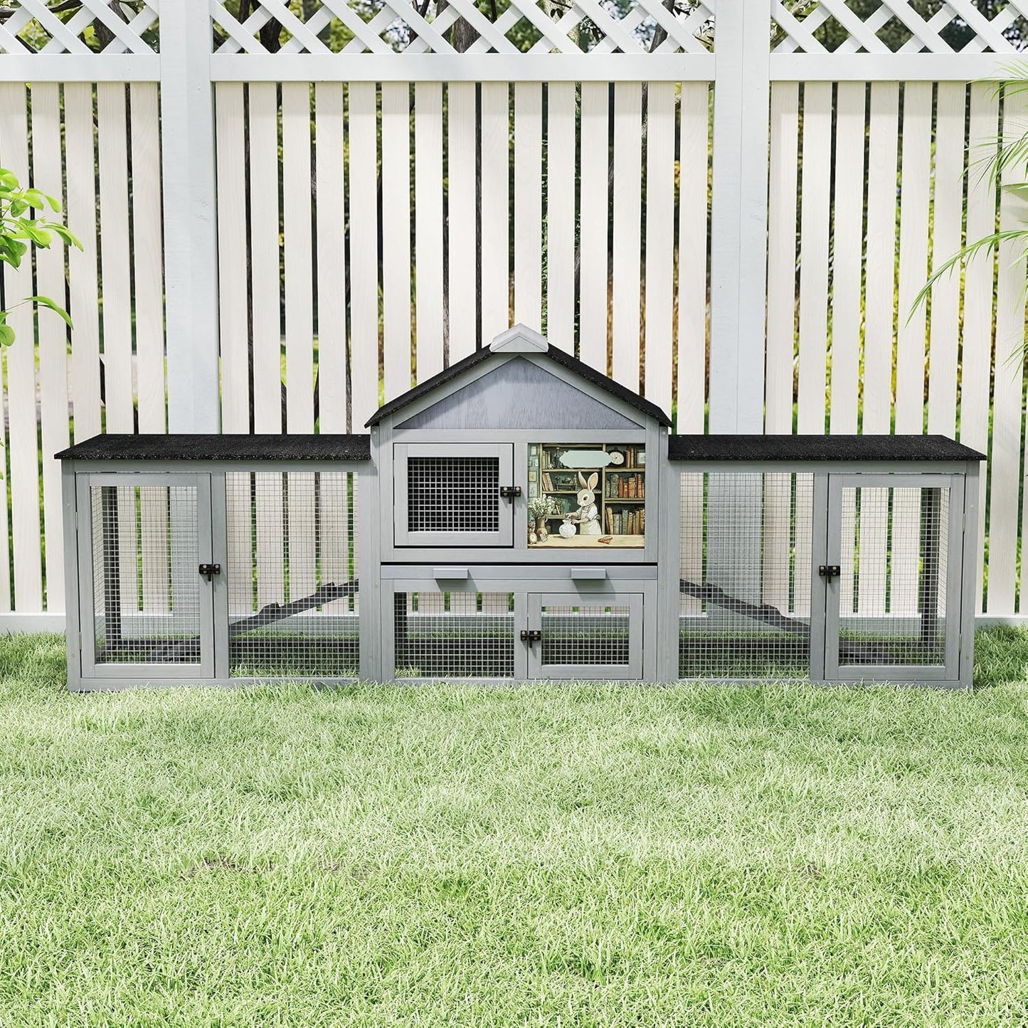 COZIWOW 82inches Extra Large Wood Rabbit Hutch Outdoor Easy to Assemble and Stable Bunny Cage Indoor with Cleaning Tray & Waterproof Roof for Small and Medium Bunny Rabbit Chick (Grey)