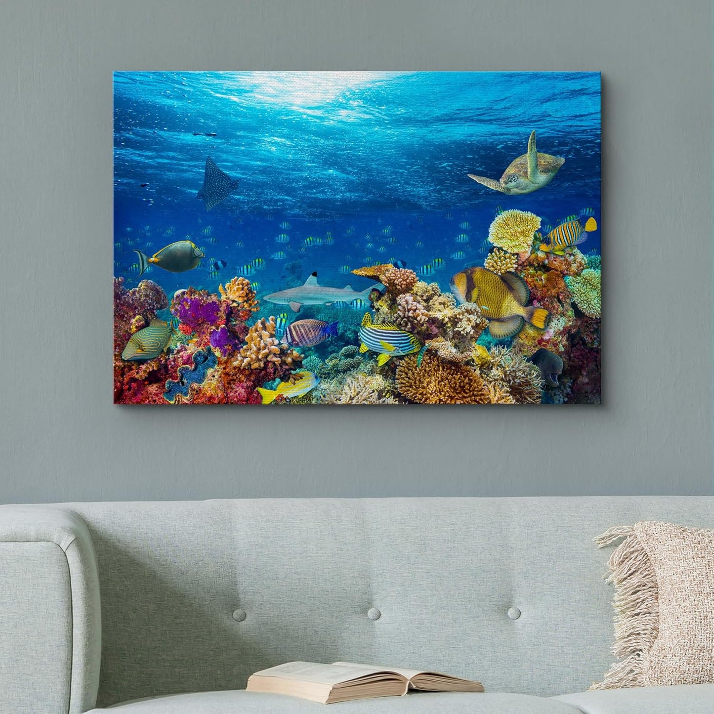 wall26 Canvas Print Wall Art Vibrant Sunshine Ray Coral Reef Turtle Fish Nature Animals Photography Realism Rustic Scenic Landscape Wilderness Colorful for Living Room, Bedroom, Office - 32"x48"