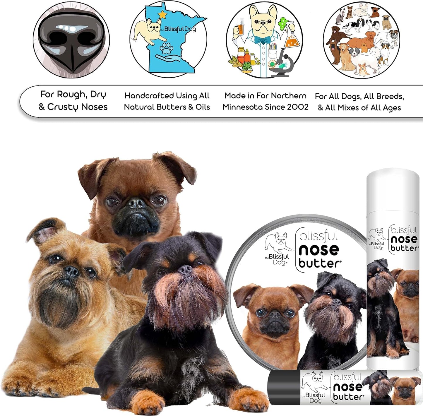 The Blissful Dog Brussels Griffon Nose Butter for Dry, Cracked Skin, Lick-Safe Dog Nose Balm with Moisturizing Shea Butter, Almond, Olive, and Essential Oils, Pet Supplies, Uncented, 1 oz.