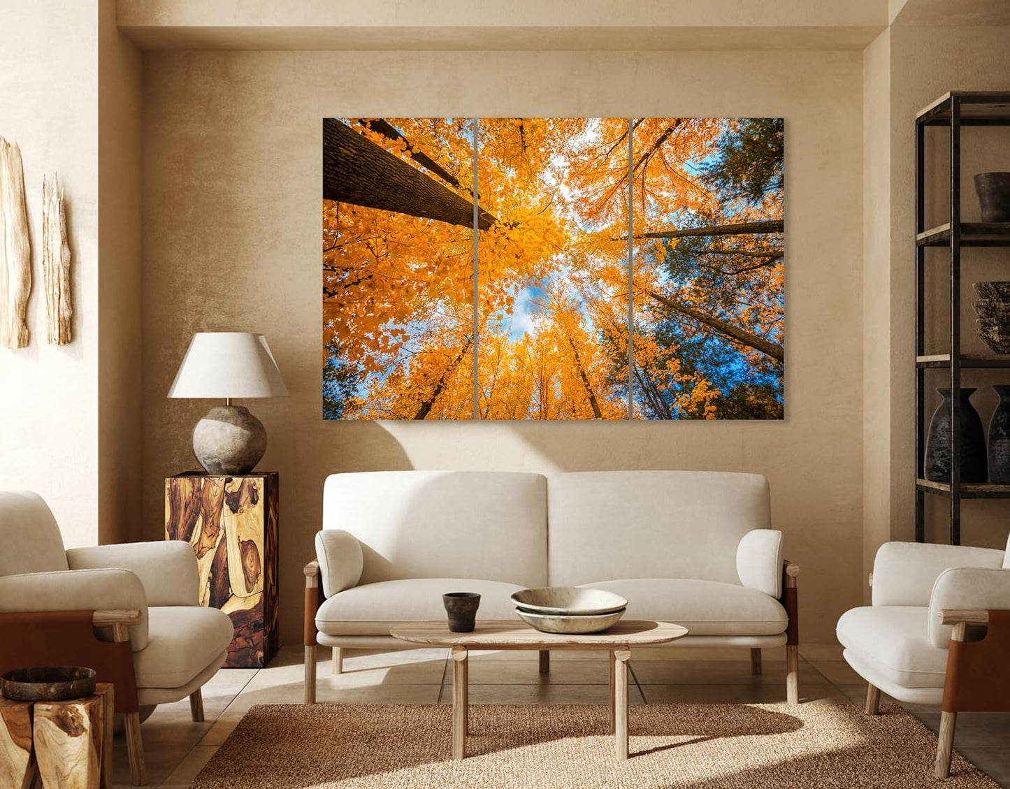 Nature Wall Art Prints - Ocean Forest Mountain Lake Canvas Landscapes - Small to Extra Large Living Room Bedroom Kitchen Bathroom Décor (Blue Sky Through Yellow Autumn Trees, 47L" x 71W" - 3 panels)
