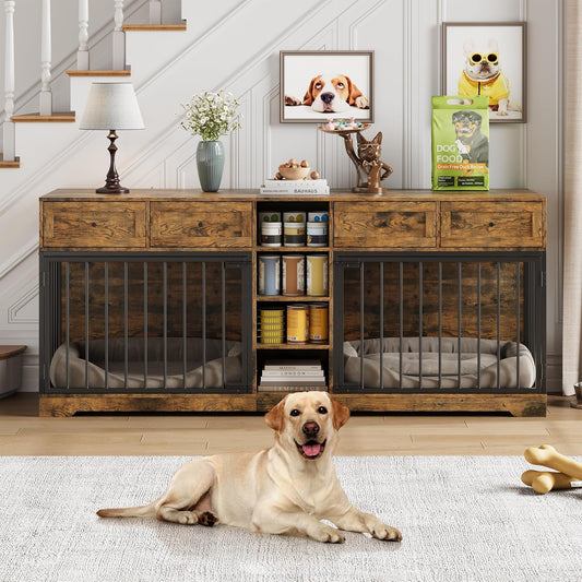 GarveeHome 82” Double Dog Crate Furniture, Large Dog Kennel Indoor for 2 Dogs, Heavy Duty Wooden Dog Crate TV Stand with 4 Drawers and Shelves, Brown