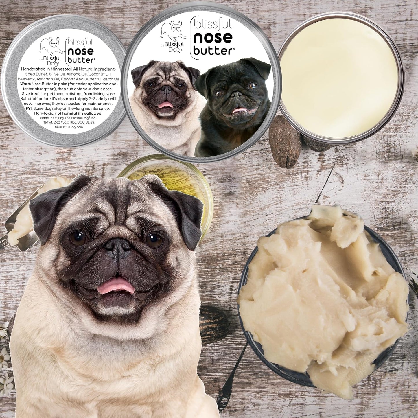 The Blissful Dog Pug Duo Unscented Nose Butter - Dog Nose Butter, 4 Ounce